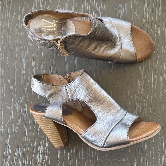 Miz Mooz Metallic Pewter Leather Heeled Sandals Open Toe Shoes Slingback Size 38 - Picture 1 of 12